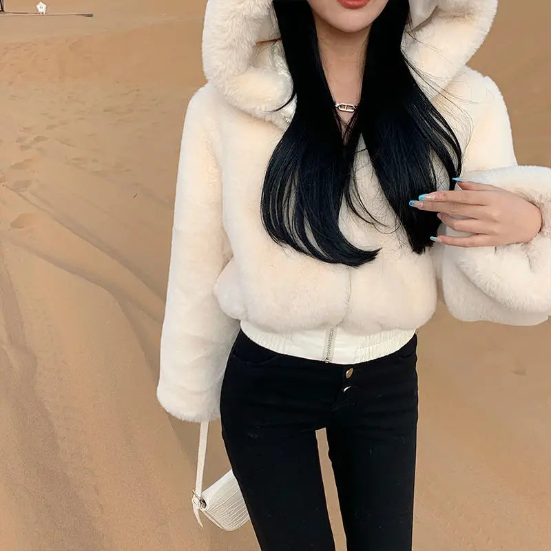 High Quality Furry Cropped Fluffy Hooded Winter Fur Coats - Fashionpara