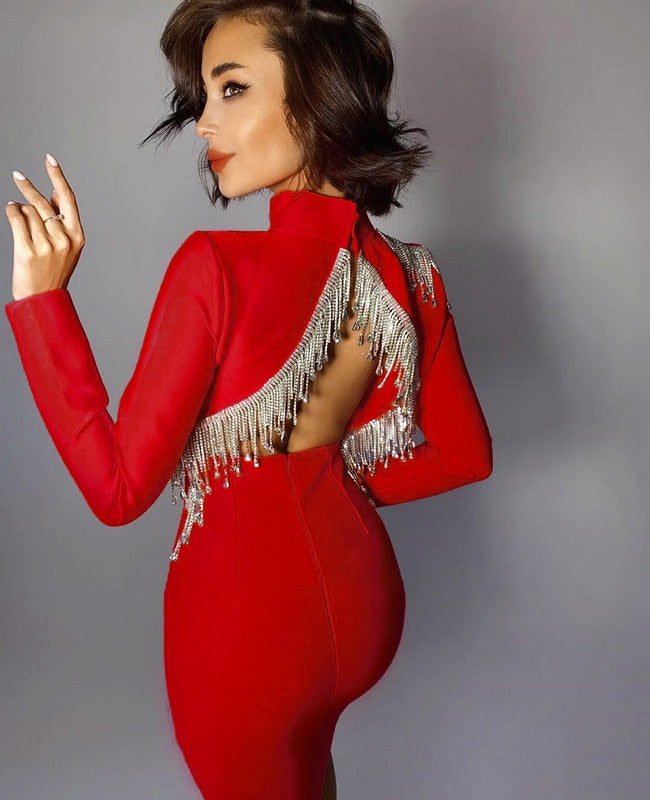 Mock Neck Long Sleeve Backless Rhinestone Fringe Bandage Mini Dress