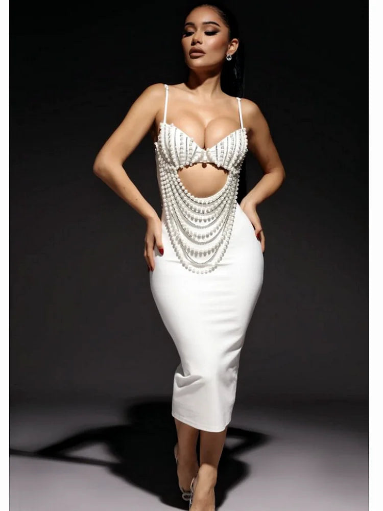 Pearl Beaded Cut Out Bustier Bodycon Midi Dress