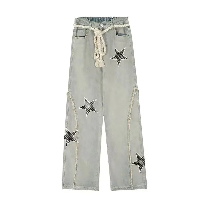 Stars Embroidery High Waist Jeans Pants