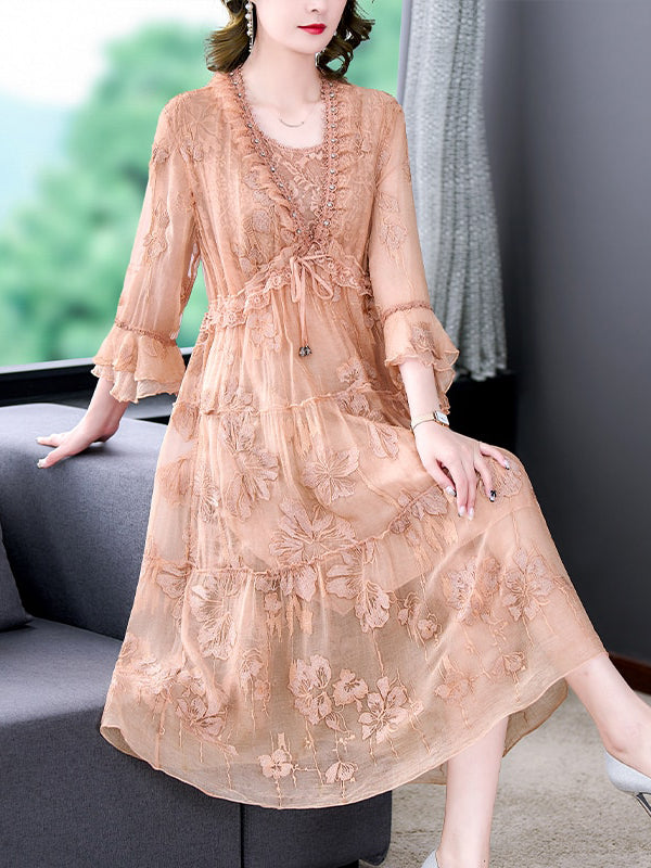 Silk Floral Embroidered Loose Midi Dress