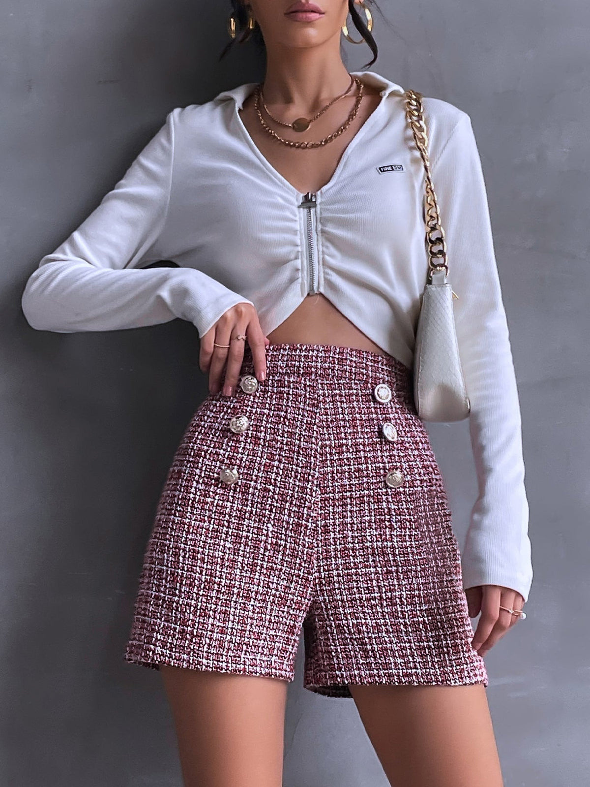 KittenAlarm - High Waist Button Detail Zip Back Gingham Tweed Shorts