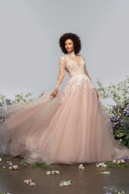 Elegant High neck Lace Long sleeves Wedding Dress with Appliques - Fashionpara