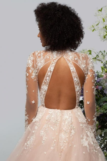 Elegant High neck Lace Long sleeves Wedding Dress with Appliques - Fashionpara