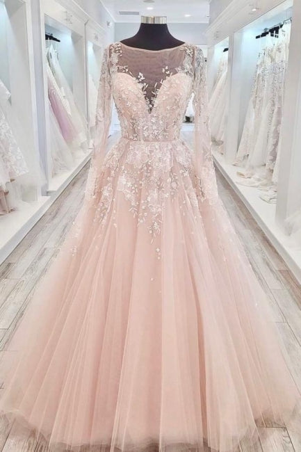 Elegant High neck Lace Long sleeves Wedding Dress with Appliques - Fashionpara