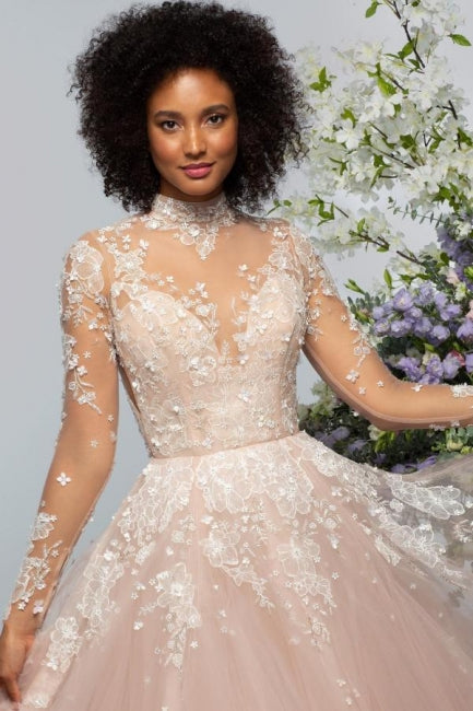 Elegant High neck Lace Long sleeves Wedding Dress with Appliques - Fashionpara