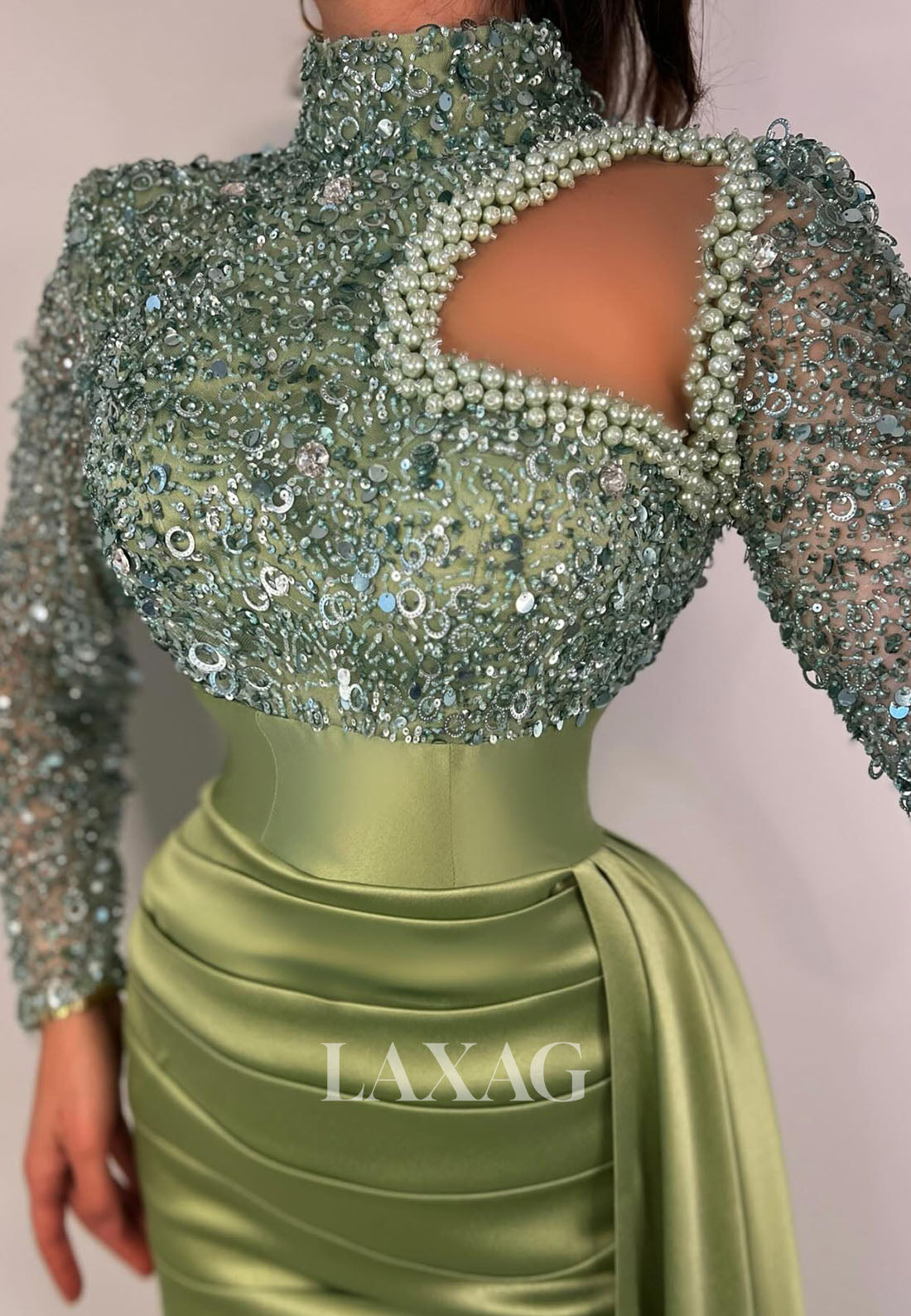 23171 - High Neck Long Sleeves Cutout Pearls Sequins Party Prom Formal Evening Dress with Slit - Fashionpara