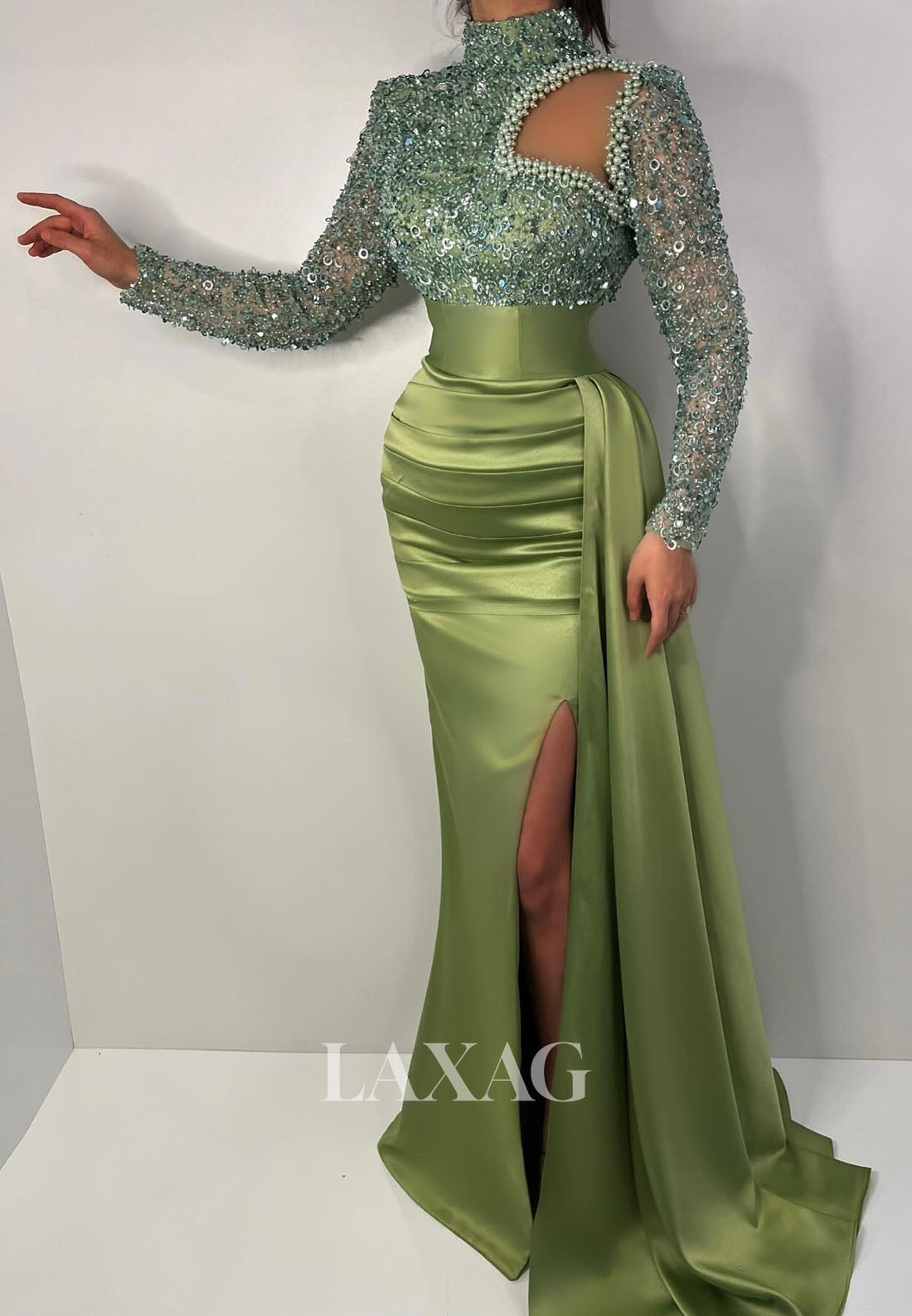 23171 - High Neck Long Sleeves Cutout Pearls Sequins Party Prom Formal Evening Dress with Slit - Fashionpara
