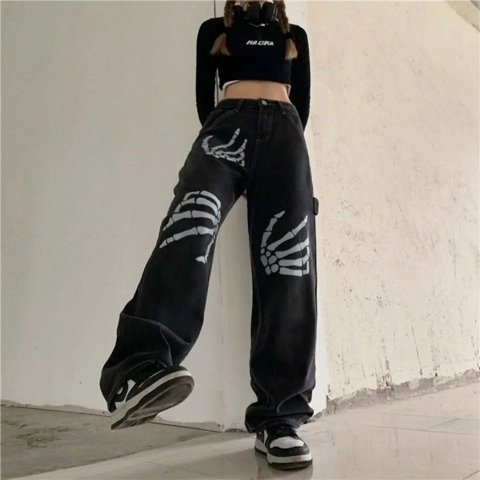 Y2K Black Jeans Print Street Pants