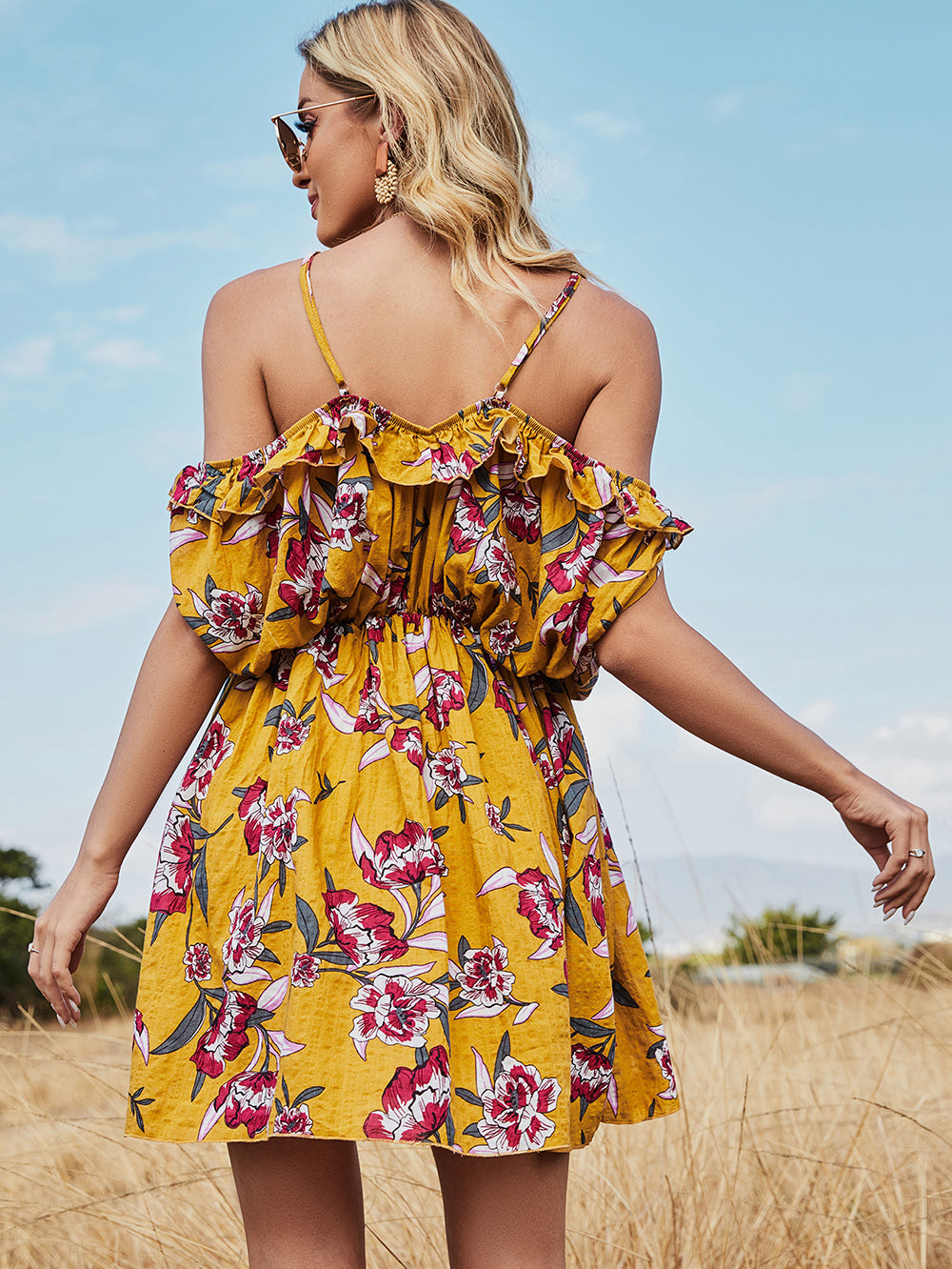 KittenAlarm - Holiday Beach Wedding Floral Off-shoulder Bat-sleeve Halter Suspender Dress