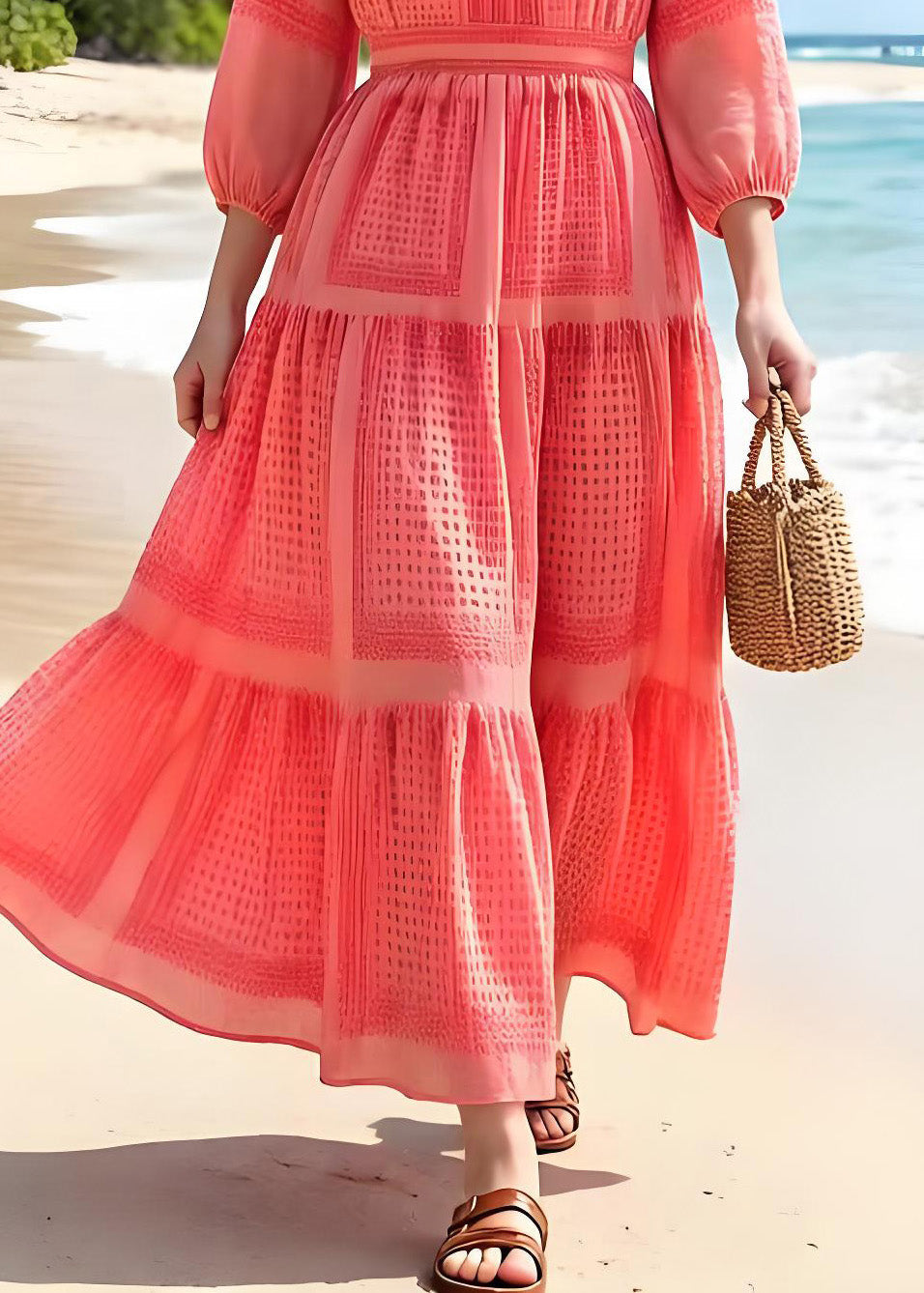 V-Neck Puff Sleeve Pintuck Tiered Chiffon Maxi Dress - View 4
