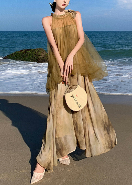 Halter Neck Sleeveless Tulle Tie Dye Layered Maxi Dress
