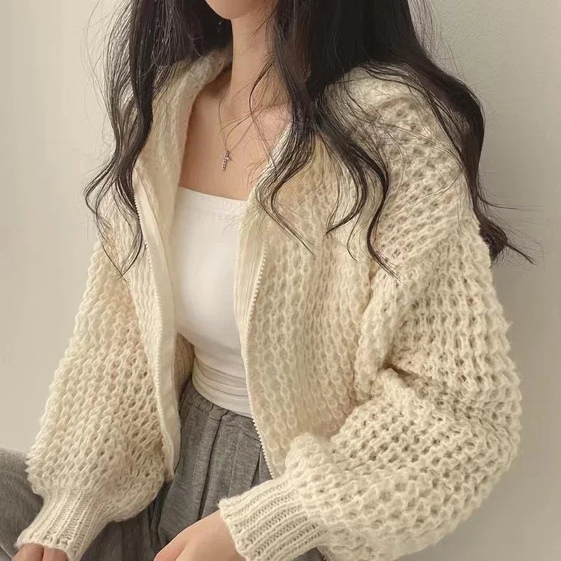 Cropped Hooded Hollow Out Knit Cardigan