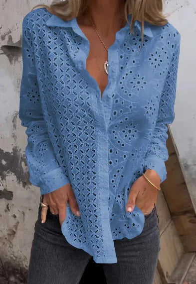 Hollow Out Cotton Floral Embroidery Long Sleeve Boho Blouse