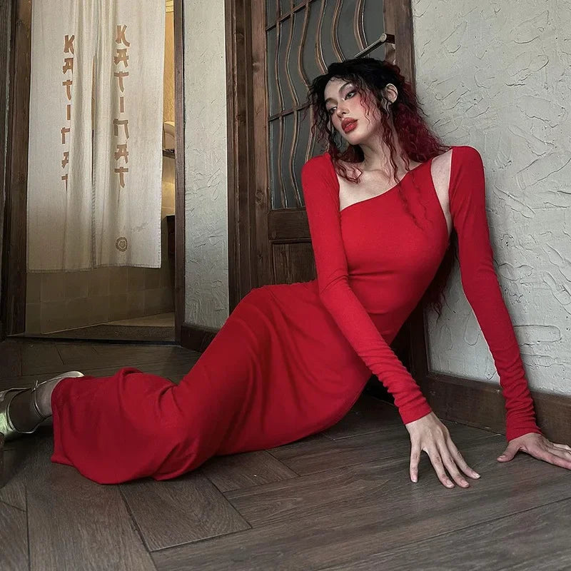 One Shoulder Long Sleeve Cut Out Bodycon Maxi Dress 5