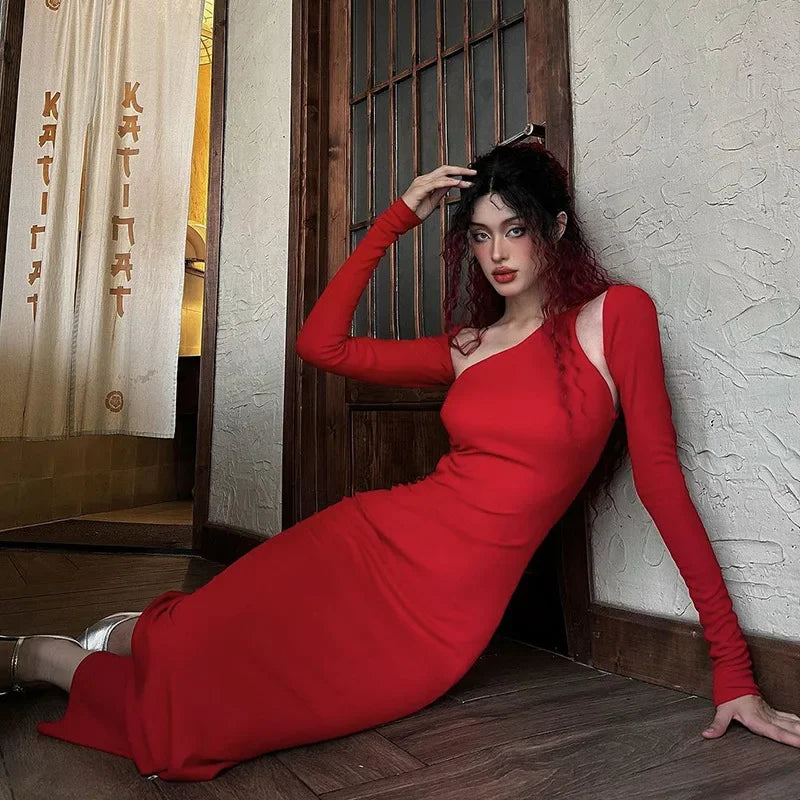 One Shoulder Long Sleeve Cut Out Bodycon Maxi Dress 6