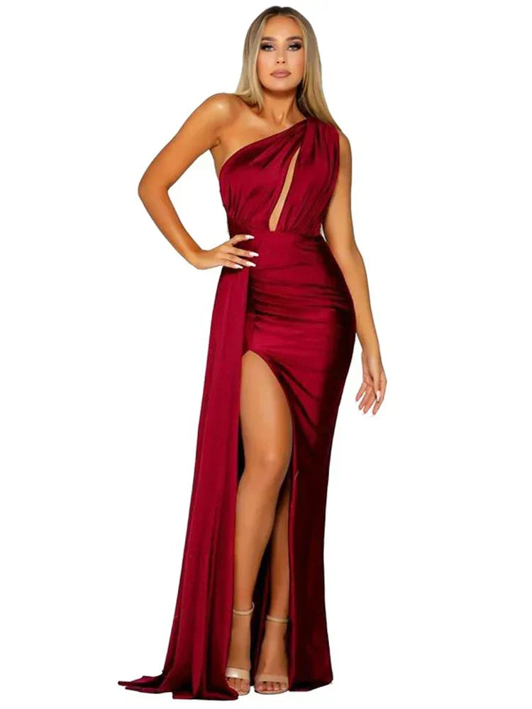Satin One Shoulder Ruched Slit Mermaid Gown 5