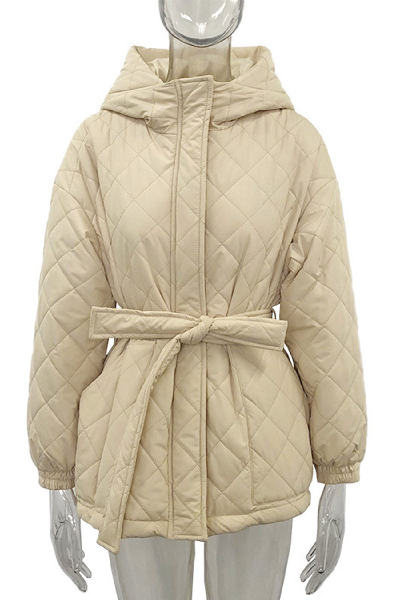 Hooded Pocket Belted Quilted Jacket