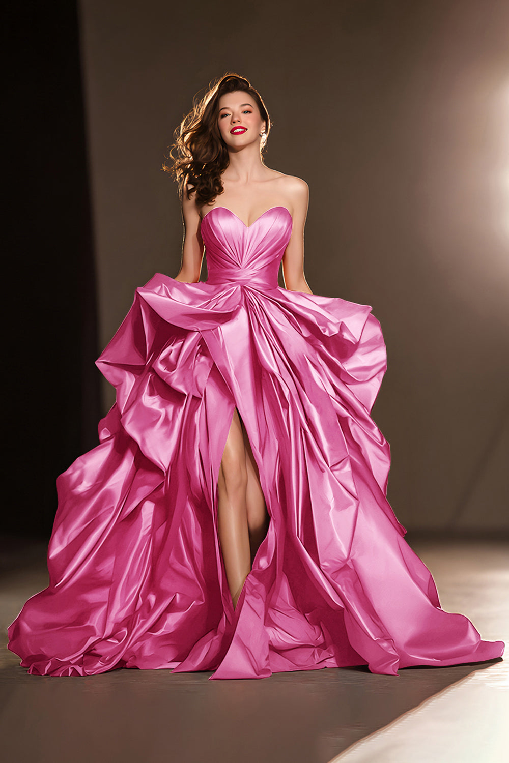 Dark Red Sweetheart Ruffled Ball Gown Long Masquerade Ball Dress with Slit