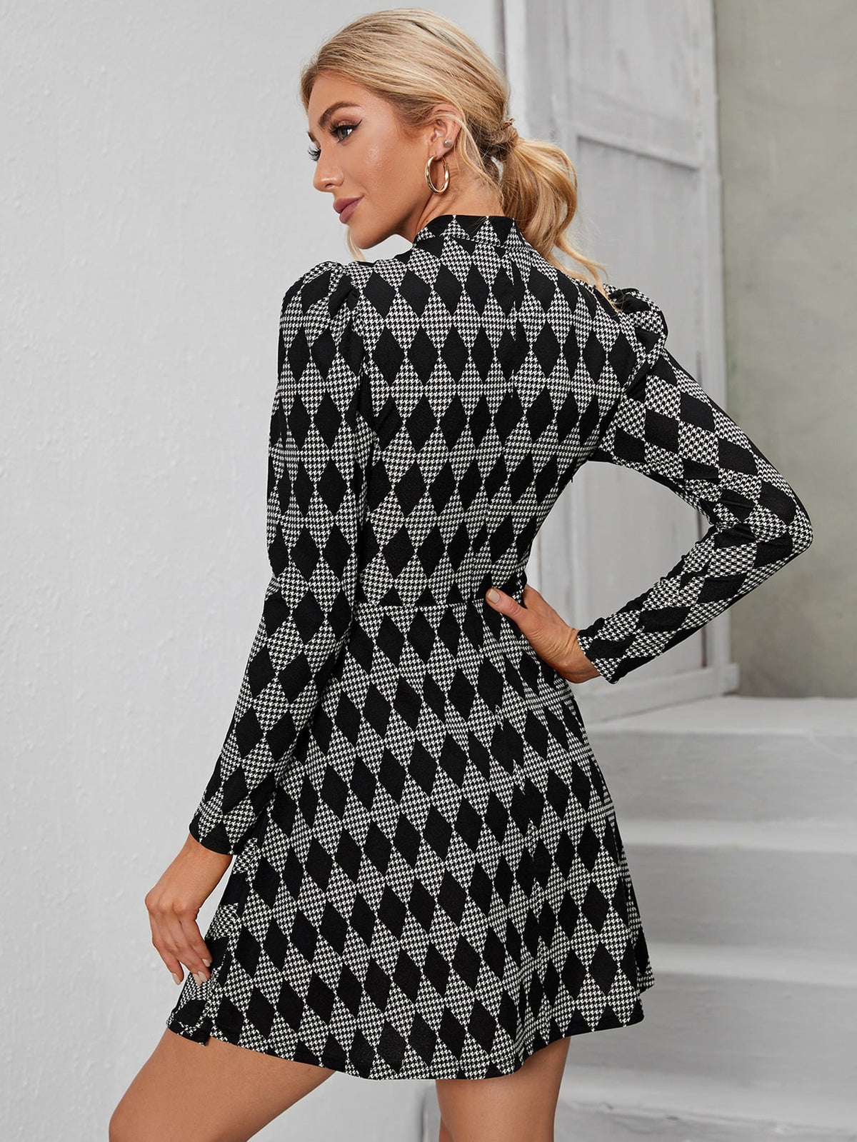 Diamond Print High Neck Long Sleeve Fit & Flare Dress