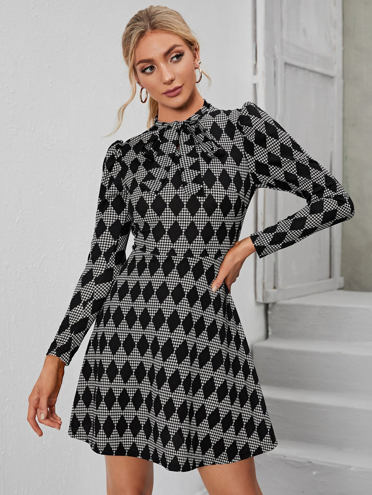 Diamond Print High Neck Long Sleeve Fit & Flare Dress