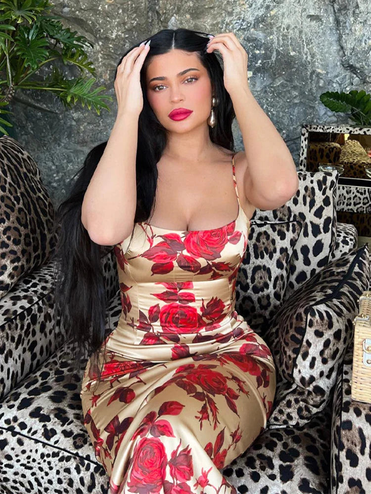 Sexy Y2K Floral Print Backless Bodycon Midi Dress