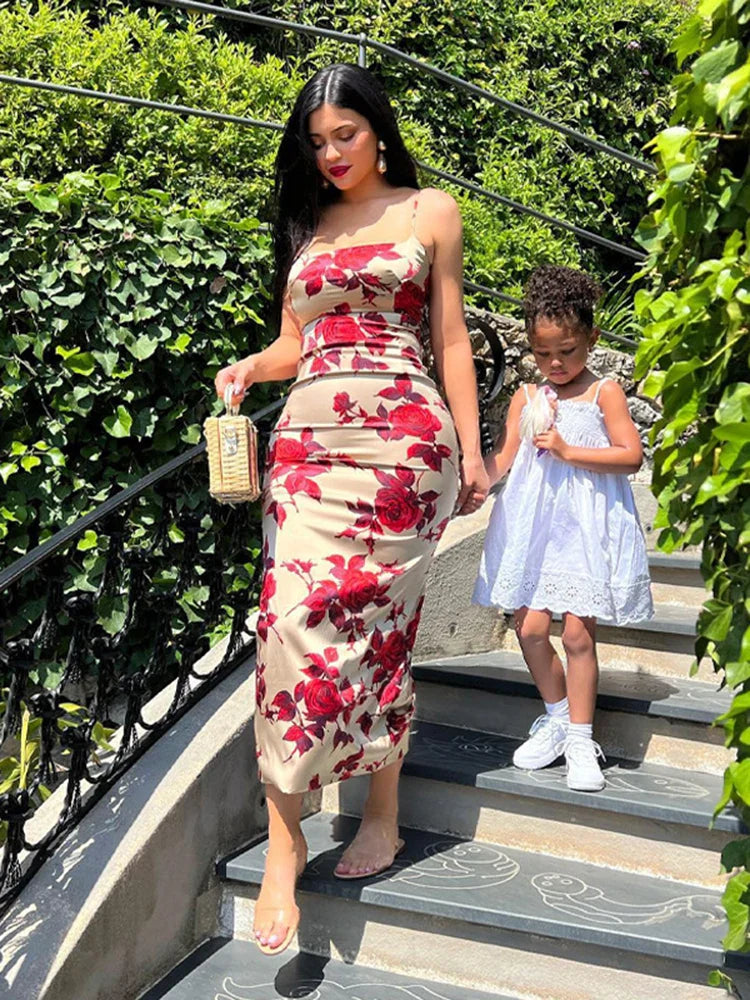 Sexy Y2K Floral Print Backless Bodycon Midi Dress