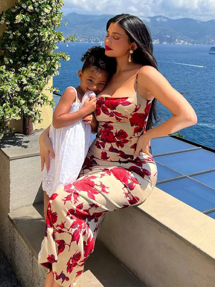 Sexy Y2K Floral Print Backless Bodycon Midi Dress