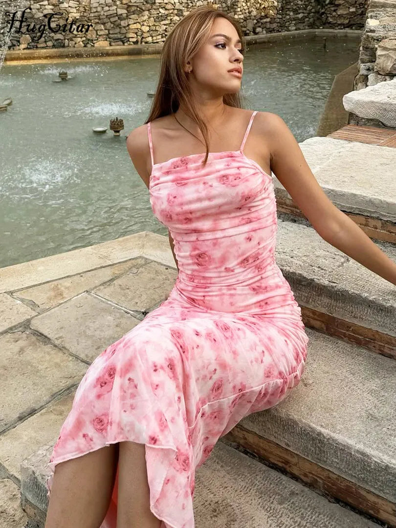 Backless Draped Floral Print Maxi Floral Dress