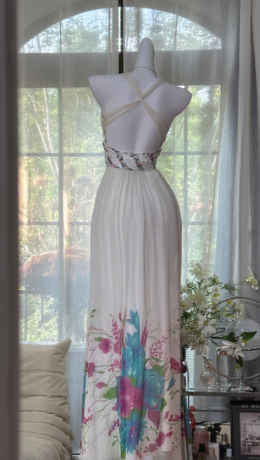 Chic White V Neck Chiffon Print Floral Beaded Long Evening Dress Backless Party Gown D926