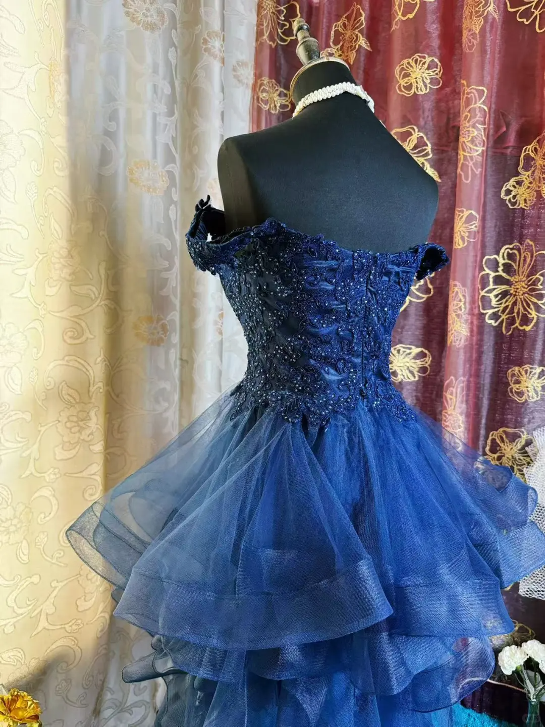 Vintage Navy Blue Tulle Appliques A Line Short Homecoming Dress Off The Shoulder 19th Birthday Outfits D725