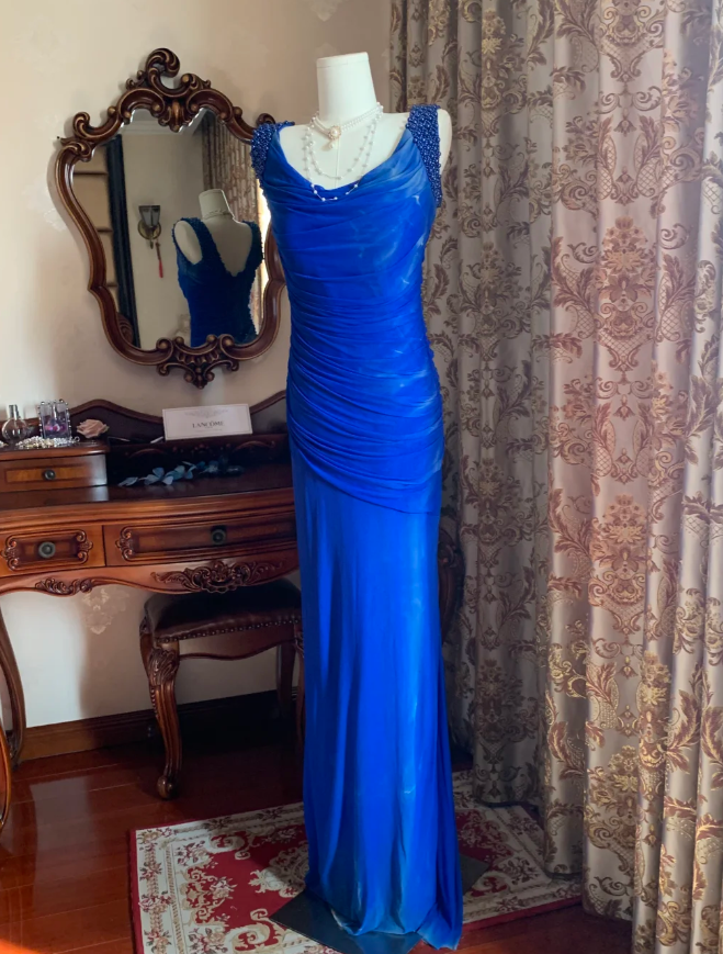 Sexy Royal Blue Tulle Pleated Beaded Mermaid Long Wedding Guest Dress Evening Dress D1716