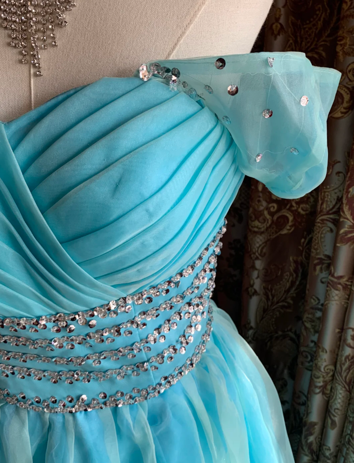 Cute Off The Shoulder Blue Tulle Beaded A Line Princess Party Dress Long Evening Gown D1714