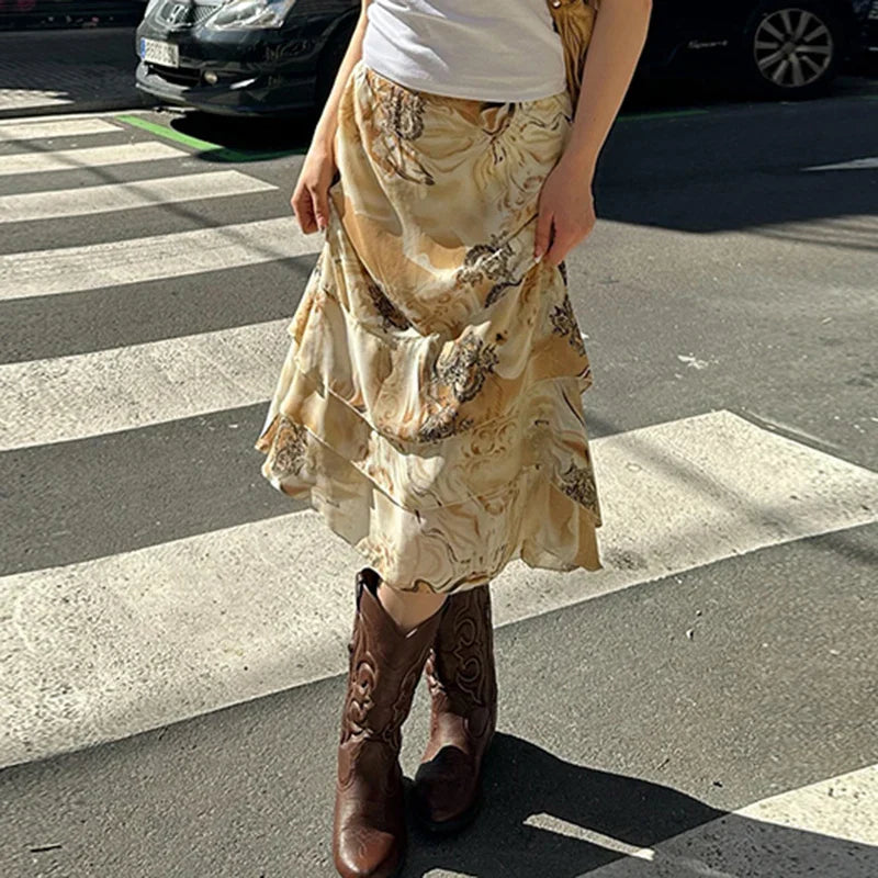 Floral Print Tiered A-Line Midi Skirt