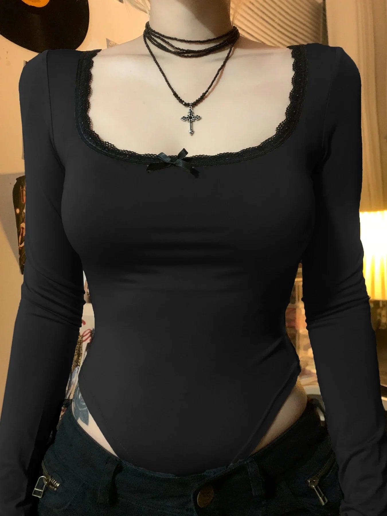 Basic Lace Trim Casual Slim Square Collar Knit Top