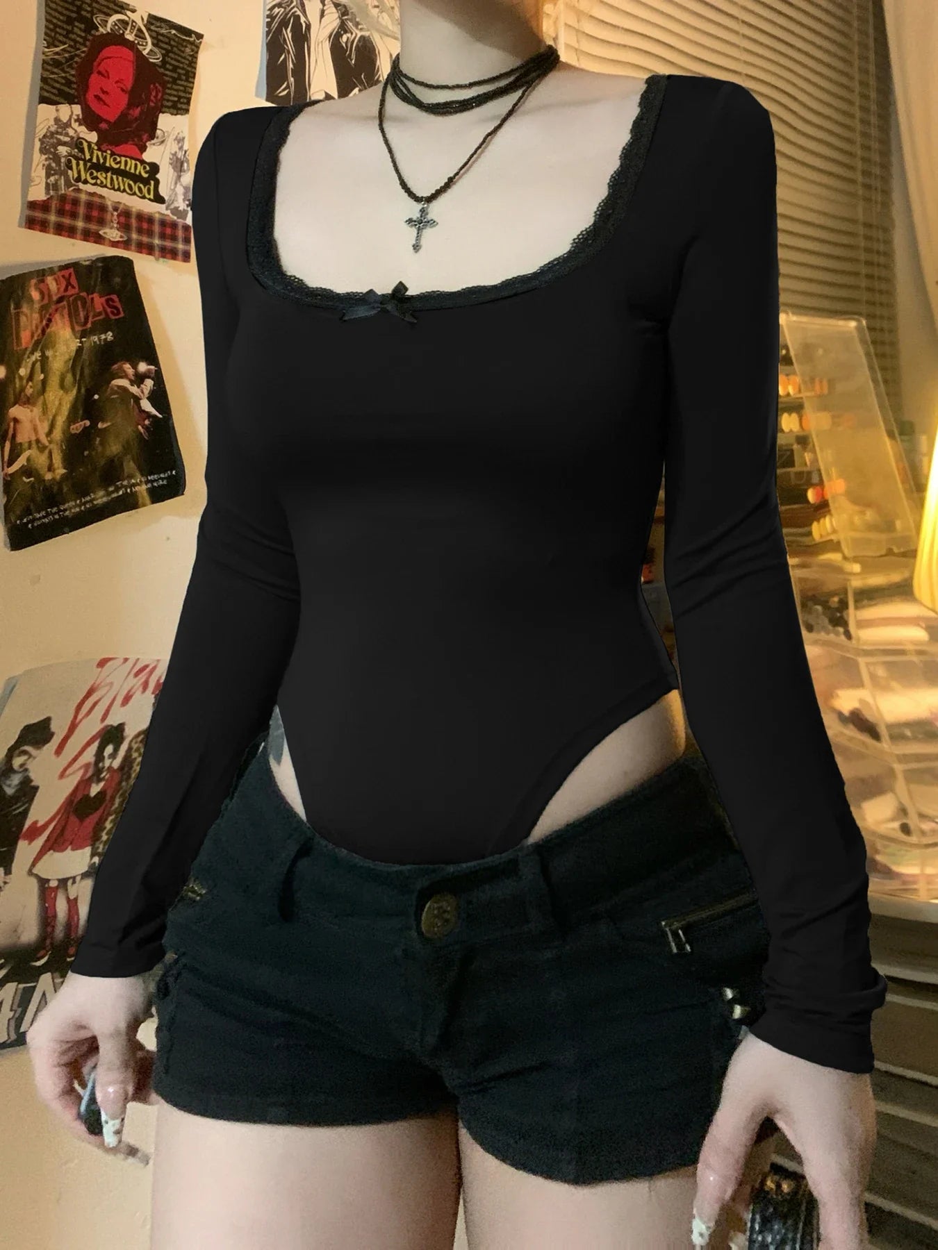 Basic Lace Trim Casual Slim Square Collar Knit Top