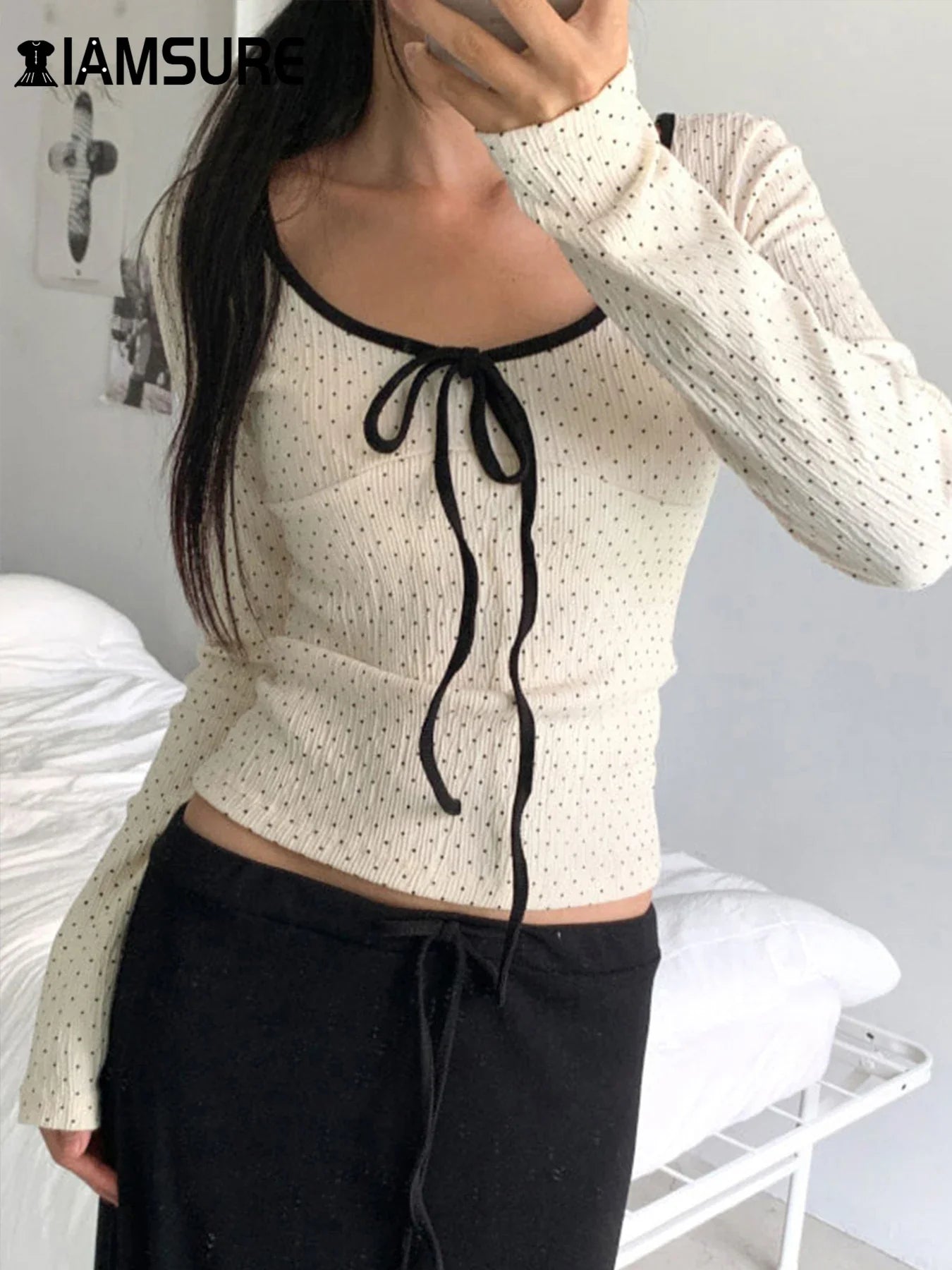 Casual Contrast Color Dot Printed Slim O-Neck Knit Top