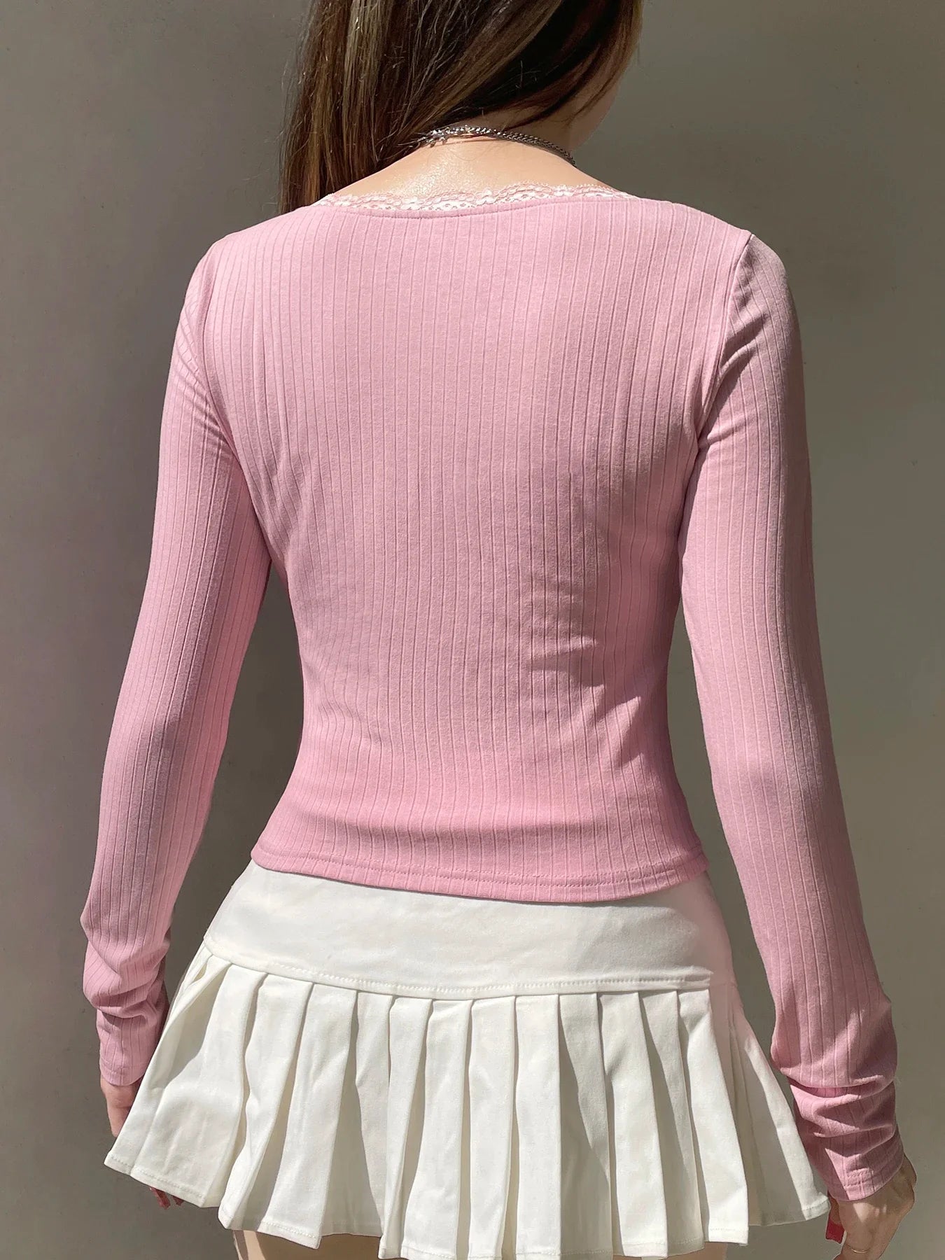 Lace Trim Cropped Slim Square Collar Long Sleeve Knit Top - Fashionpara