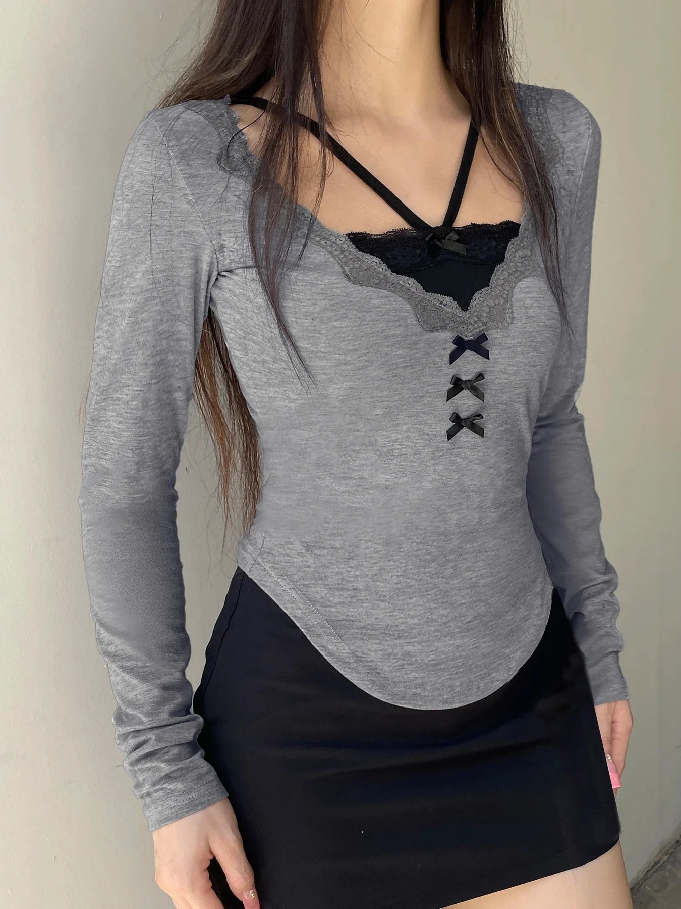 Casual Lace Trim Patchwork Fake 2 Piece Slim V-Neck Knit Top