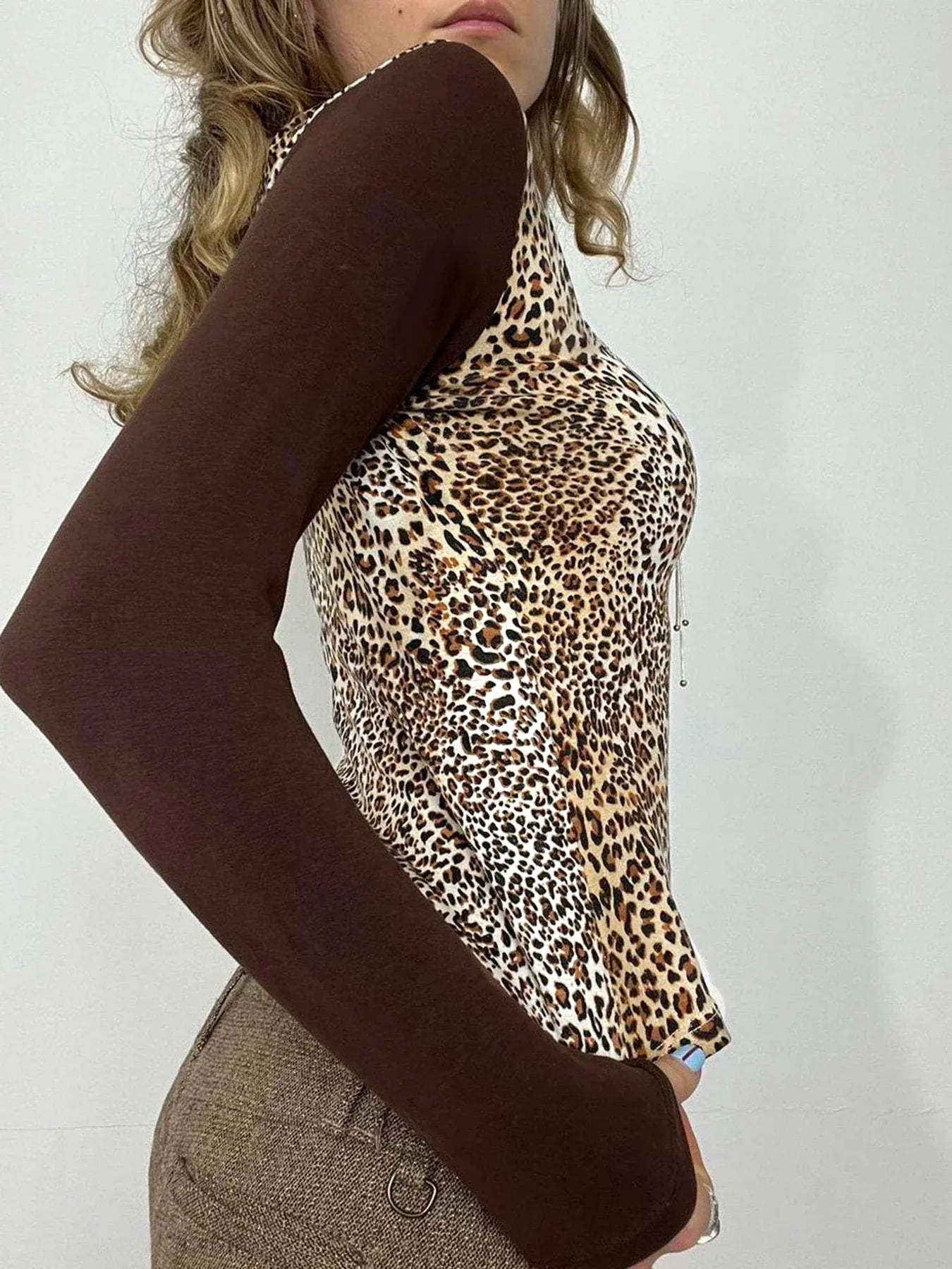 Leopard Patchwork Hooded Slim V-Neck Long Sleeve Knit Top - Fashionpara
