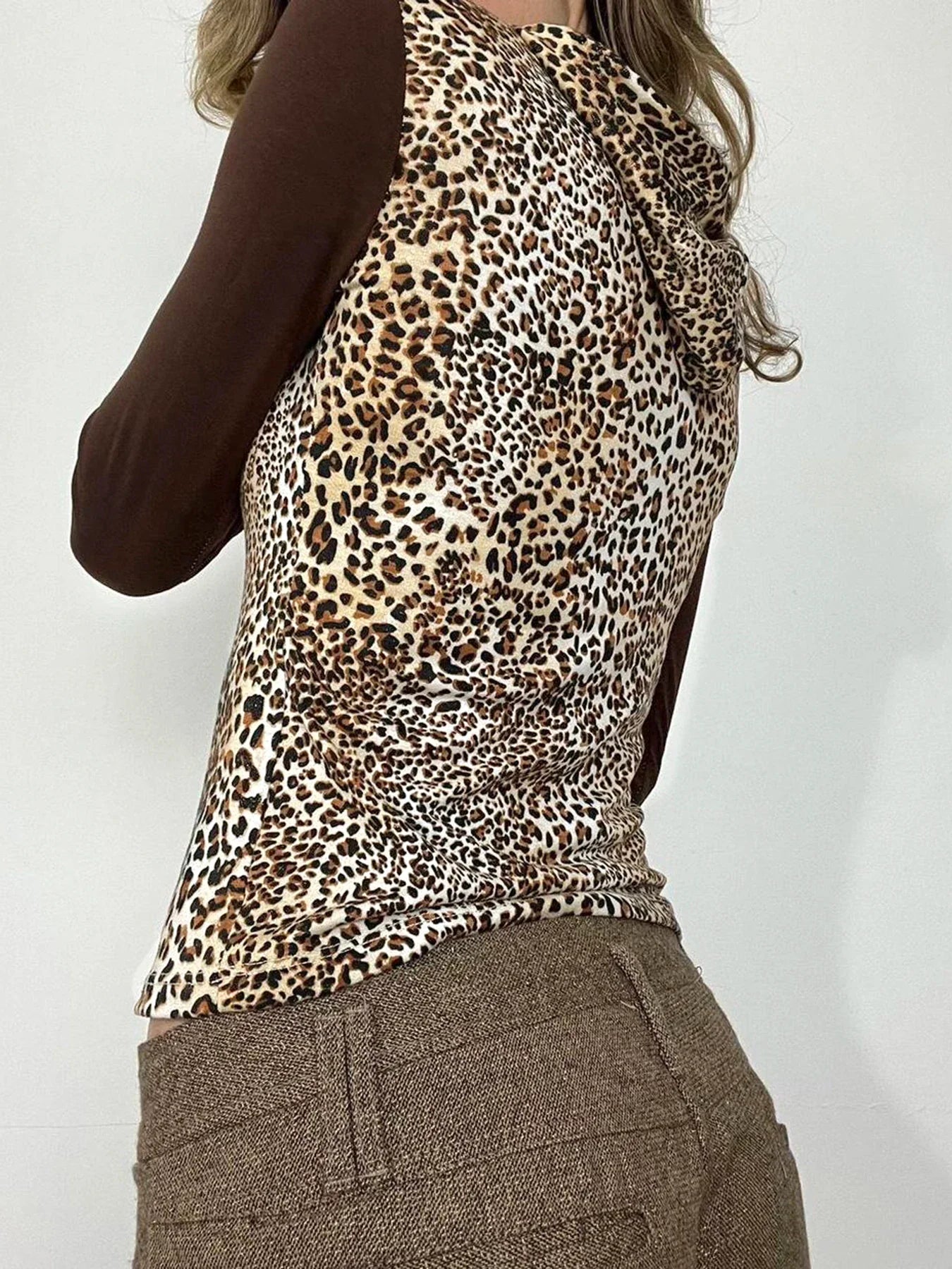 Leopard Patchwork Hooded Slim V-Neck Long Sleeve Knit Top - Fashionpara