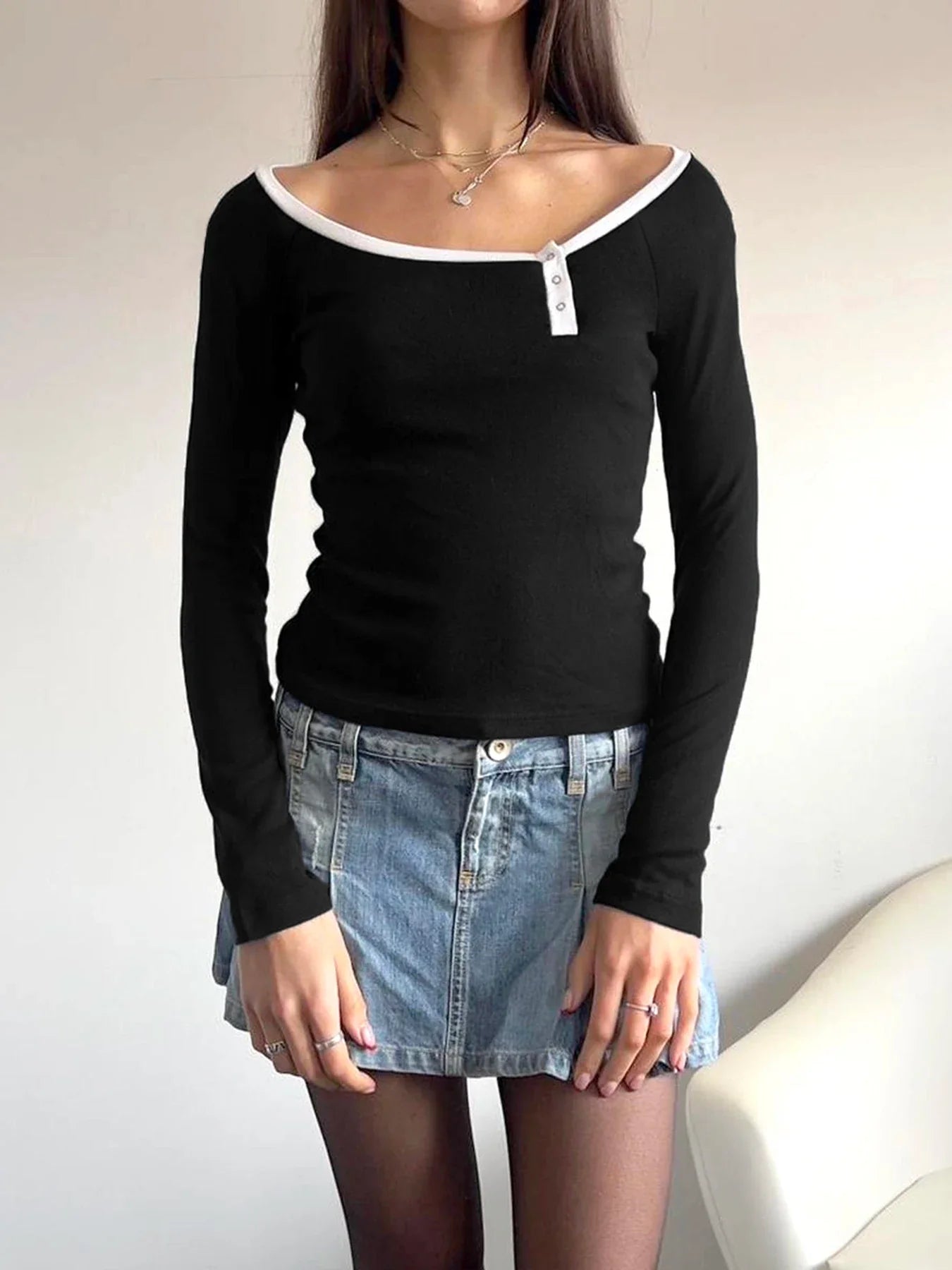 Patchwork Contrast Color Slim O-Neck Long Sleeve Knit Top - Fashionpara