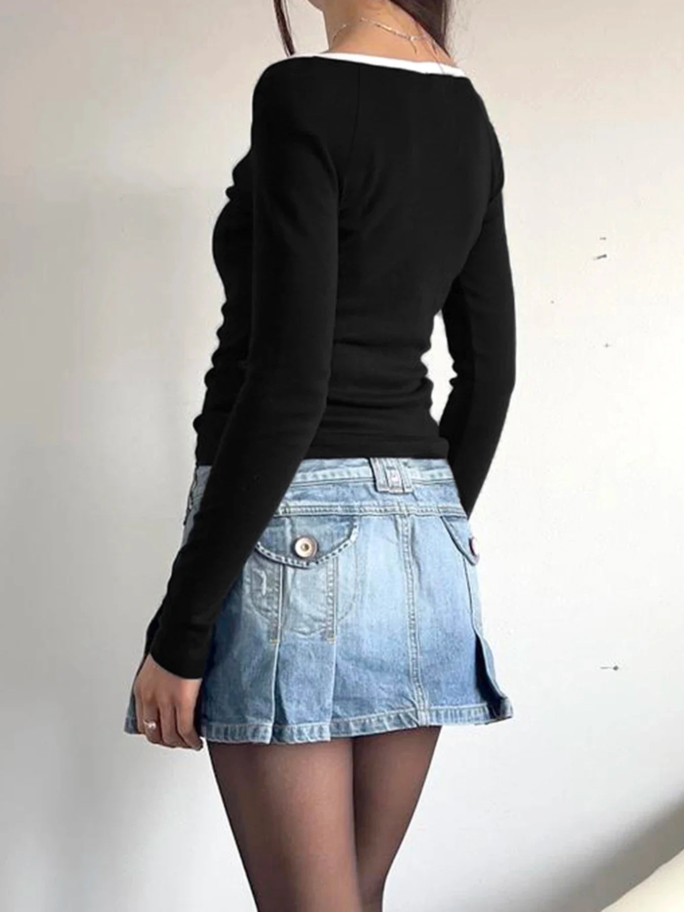 Patchwork Contrast Color Slim O-Neck Long Sleeve Knit Top - Fashionpara