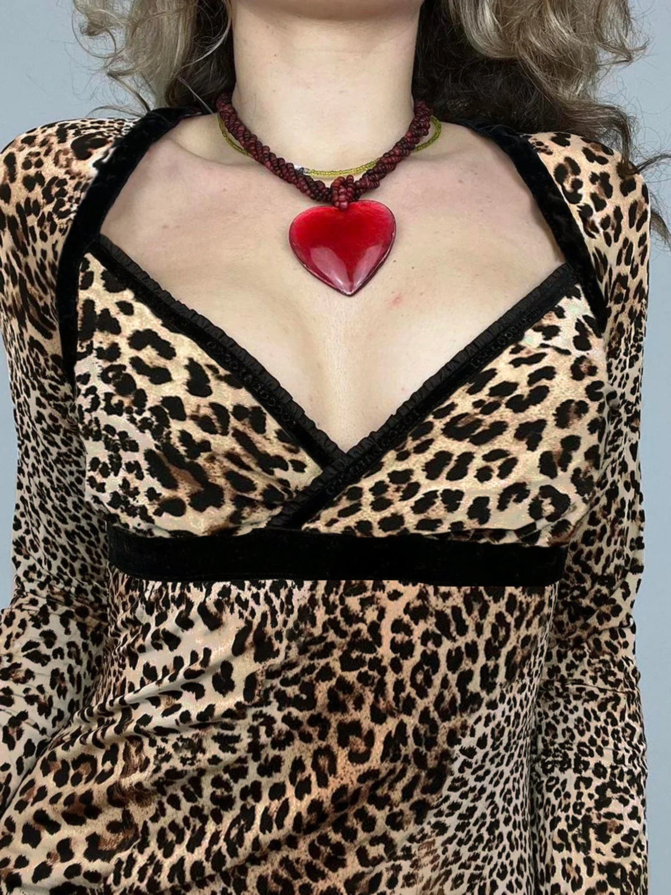 Leopard Patchwork Slim Square Collar Long Sleeve Knit Top - Fashionpara