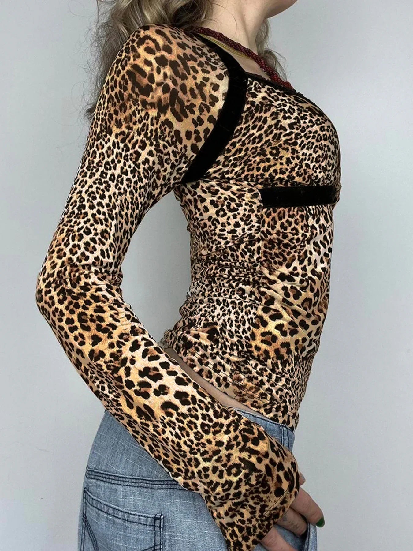 Leopard Patchwork Slim Square Collar Long Sleeve Knit Top 2
