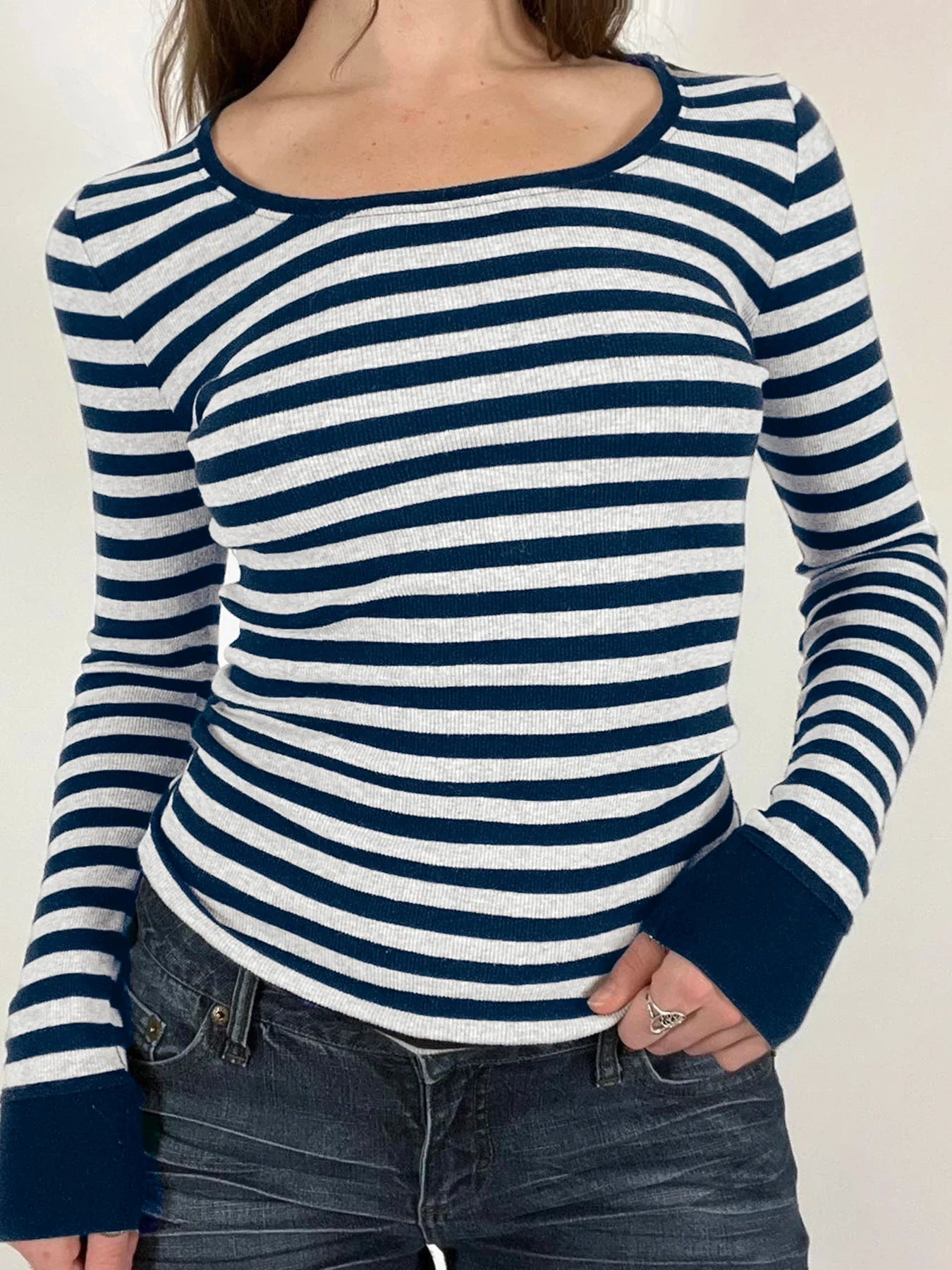Casual Slim Striped Autumn Spring Basic O-Neck Knit Top