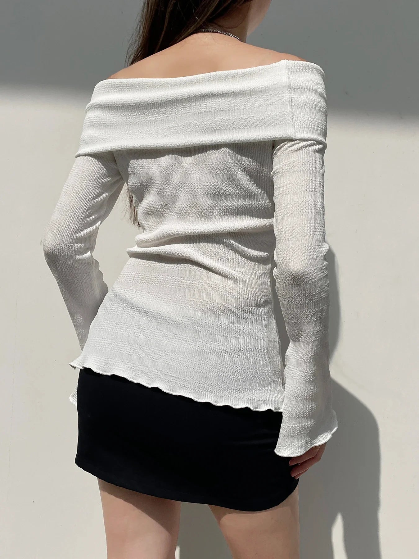 Solid Bow Split Slash Neck Slim Flare Sleeve Long Sleeve Knit Top - Fashionpara