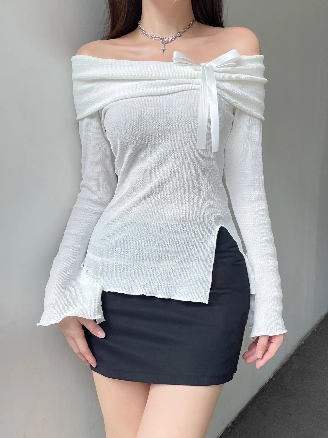 Solid Bow Split Slash Neck Slim Flare Sleeve Long Sleeve Knit Top - Fashionpara