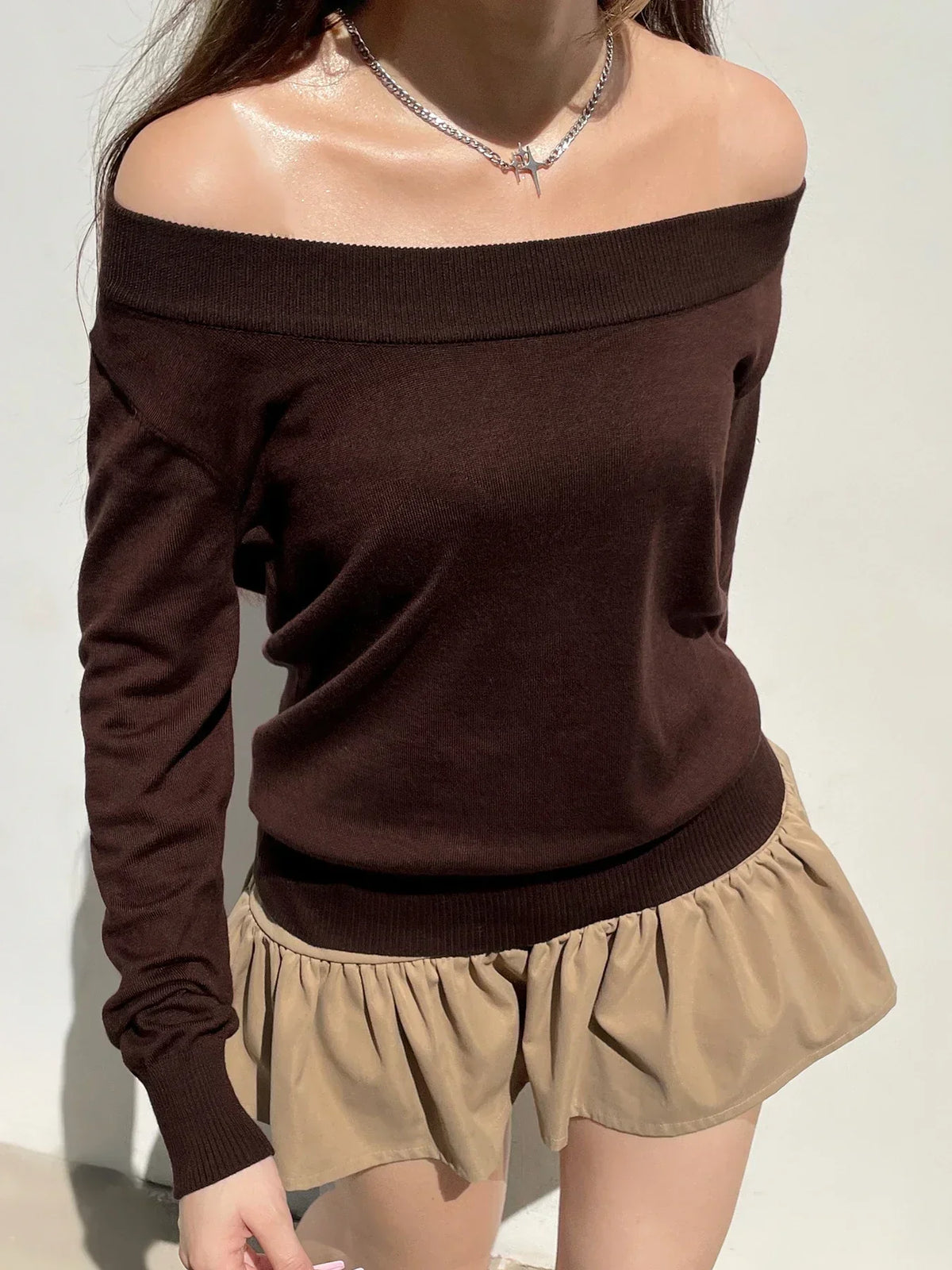 Solid Knitted Slash Neck Long Sleeve Pullover Sweater 2