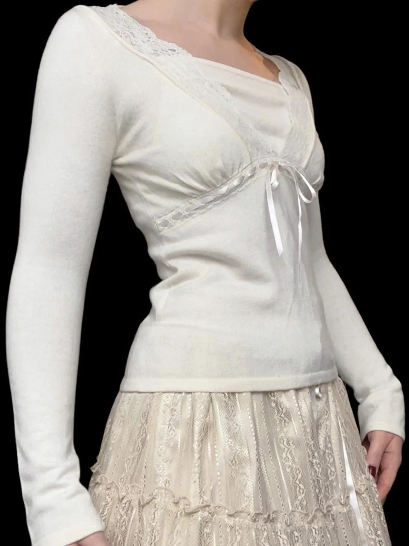 Solid Lace Trim Deep V-Neck Slim Long Sleeve Knit Top - Fashionpara